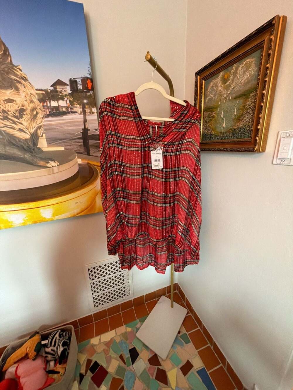 Free People OB720661 Red Plaid Metallic Sequin Top Size M